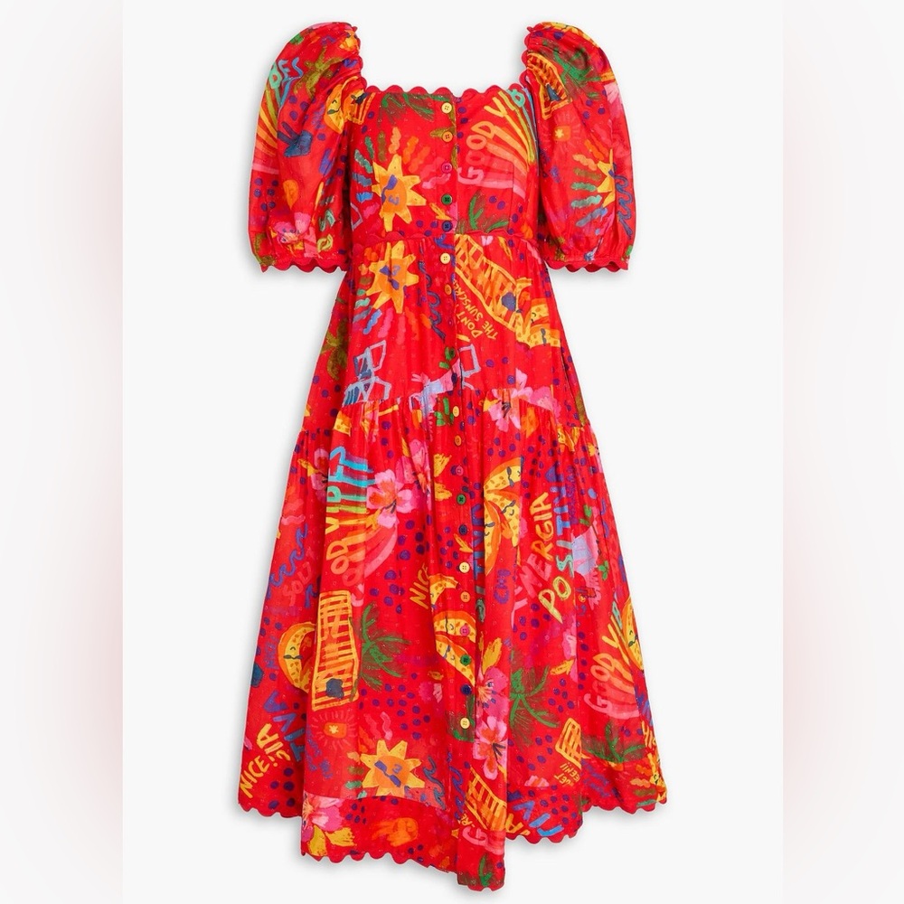 FARM Rio Red Good Vibes Cotton Swiss-Dot Puff-Sleeve Tiered Midi Dress New M